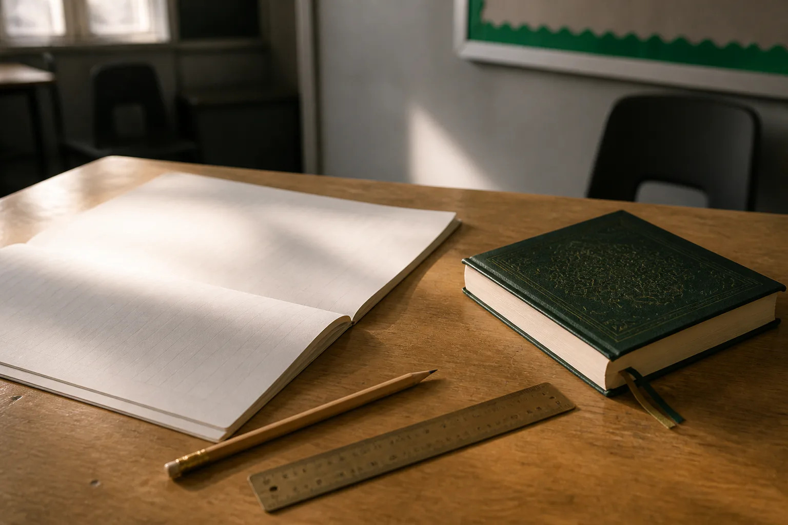An open exercise book, pencil, ruler and Qur'an arranged on a classroom desk.